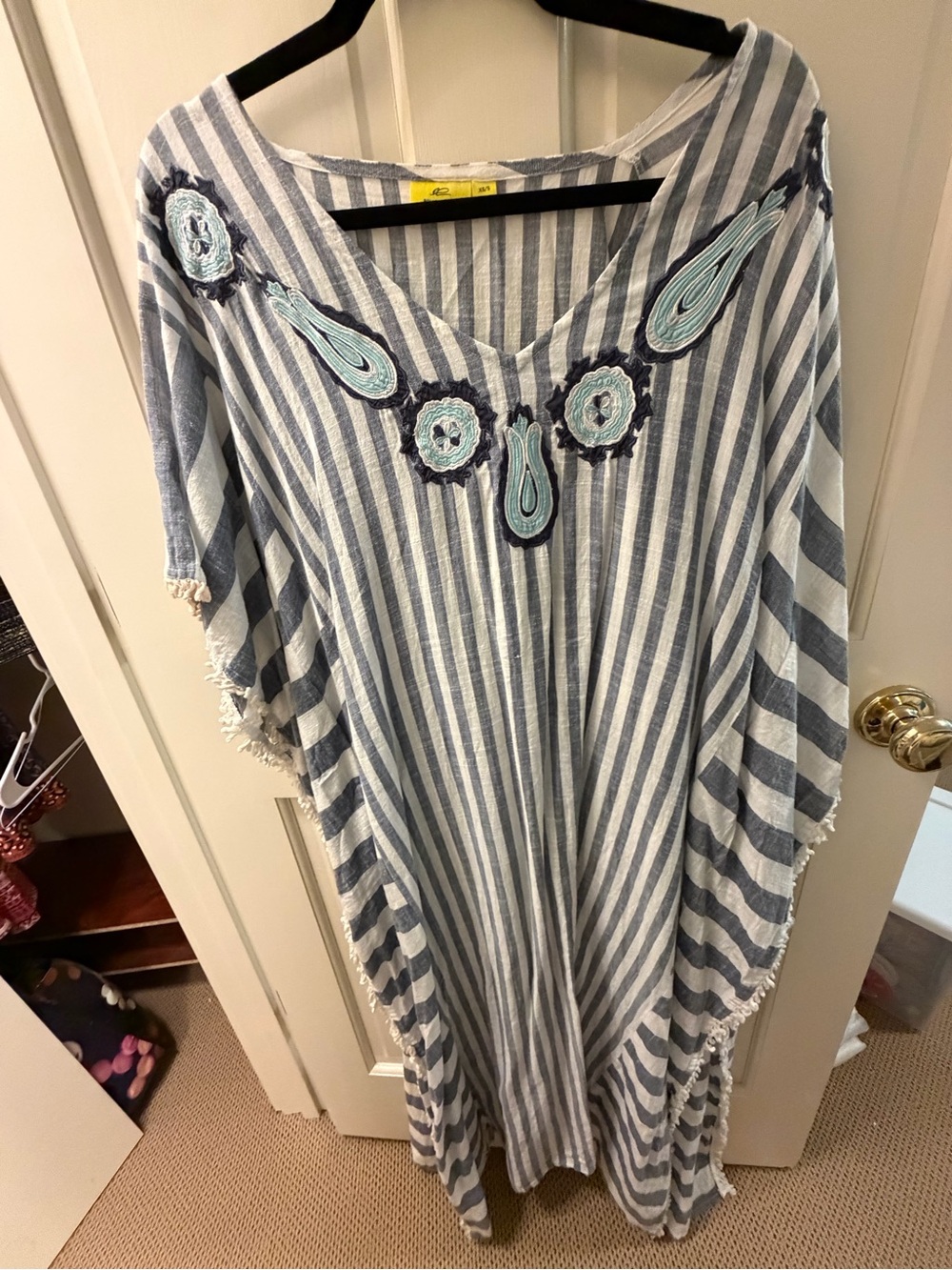 Roller Rabbit Blue and White Striped Women's Swim Coverup with Aqua Embroidery